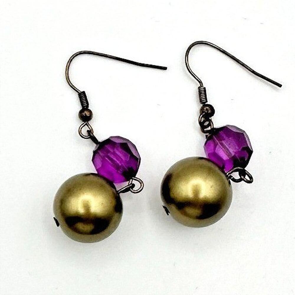 Vintage Y2K Purple Glass & Gold Tone Beaded Dangle Earrings Retro Boho Jewelry